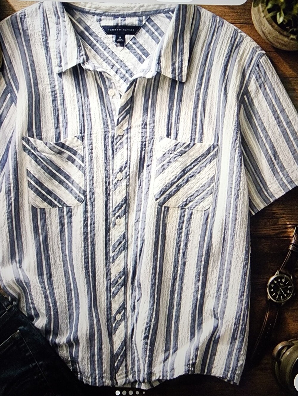 Tommy Hilfiger Men’s Blue and White Vertical Stripe Short-Sleeve Shirt